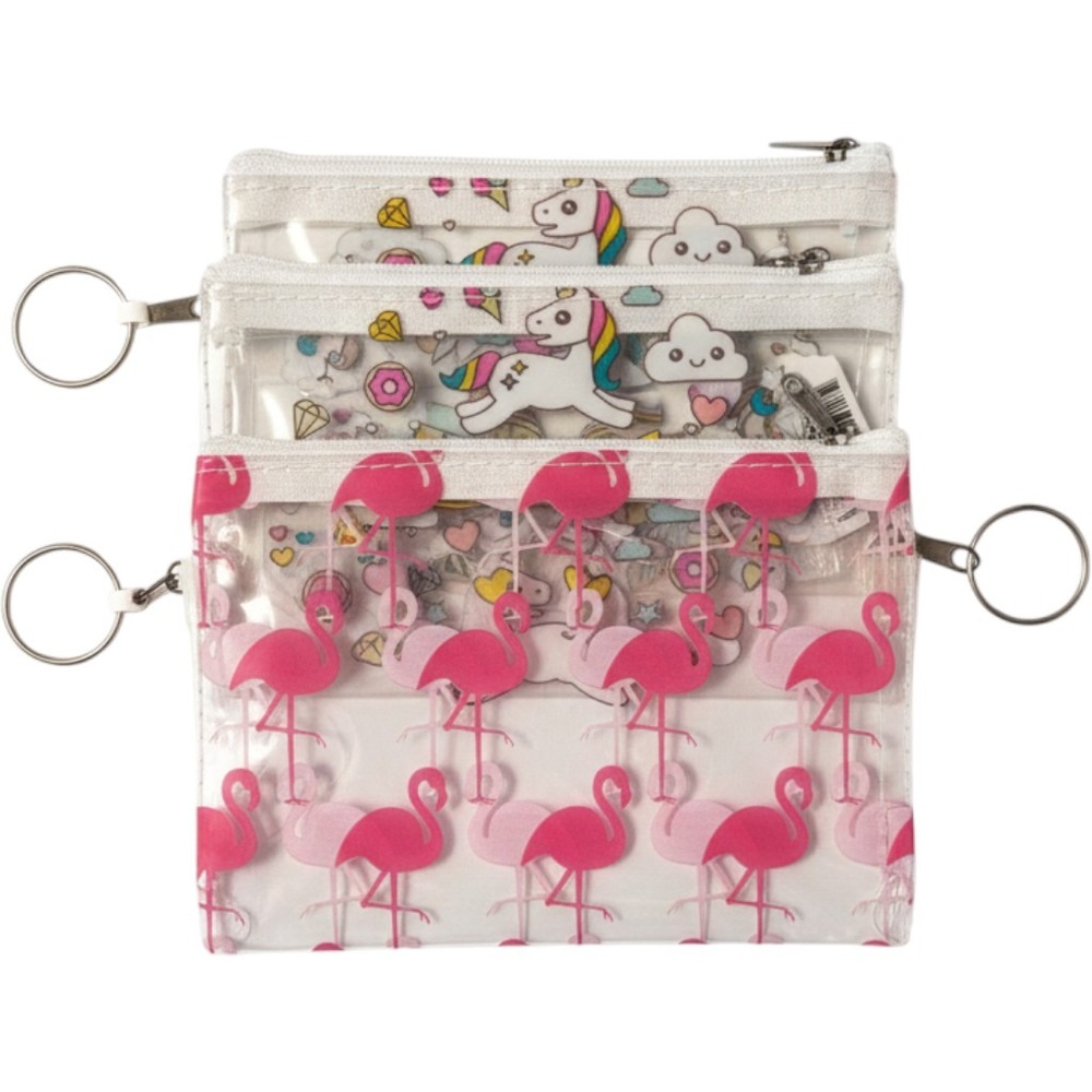 Unbranded Clear Zipper Pouch Set 3pc Flamingo Unicorn Kids Travel Makeup New
